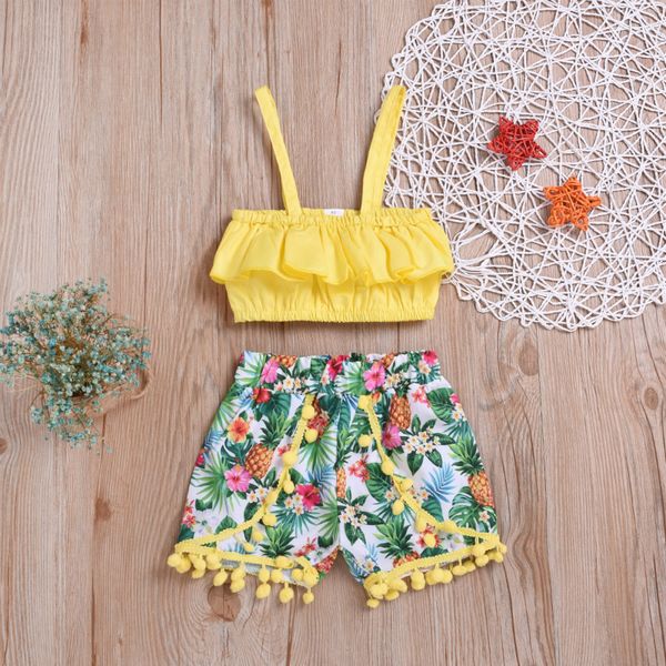 2019 summer girl's suit frilled shirt with narrow straps pineapple printed shorts set two-piece set, White
2019 summer girl's suit frilled shirt with narrow straps pineapple printed shorts set two-piece set, White