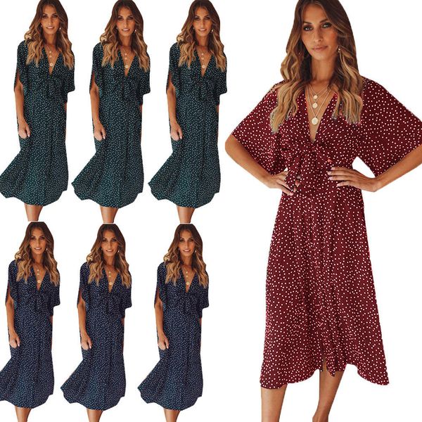 2019 new style fashion women's holiday long through bow dress ladies summer beach short sleeve dot v neck, Black;gray
2019 new style fashion women's holiday long through bow dress ladies summer beach short sleeve dot v neck, Black;gray