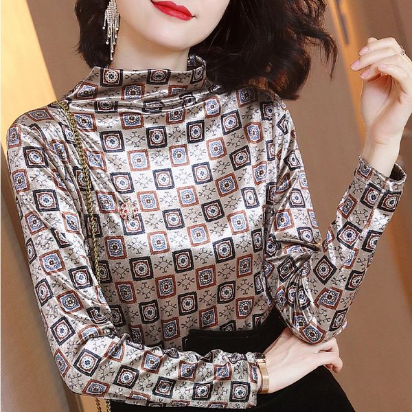 long-sleeved upper garment women's 2019 autumn new style elegant half-turtle-neck slim fit base shirt vintage printed gold velve, White
long-sleeved upper garment women's 2019 autumn new style elegant half-turtle-neck slim fit base shirt vintage printed gold velve, White