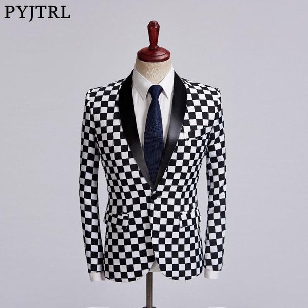 pyjtrl tide male black white plaid blazer design mens plus size fashion suit jacket singer costume homme slim fit outfit, White;black
pyjtrl tide male black white plaid blazer design mens plus size fashion suit jacket singer costume homme slim fit outfit, White;black