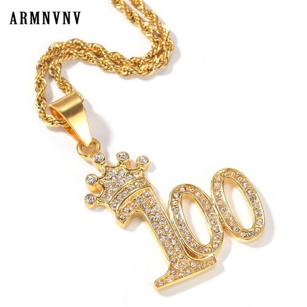 

hip hop crown 100 arabic numerals pendant necklace paved rhinestoned bling iced out stainless steel pendants with chain for men, Silver