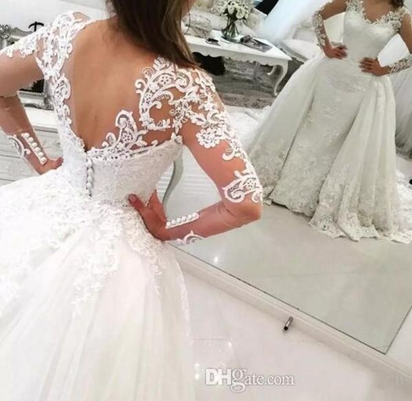 2019 new luxury sheer long sleeves v-neck tulle appliques wedding dresses with detachable overskirts floor length bridal gowns vestdo de nov, White
2019 new luxury sheer long sleeves v-neck tulle appliques wedding dresses with detachable overskirts floor length bridal gowns vestdo de nov, White