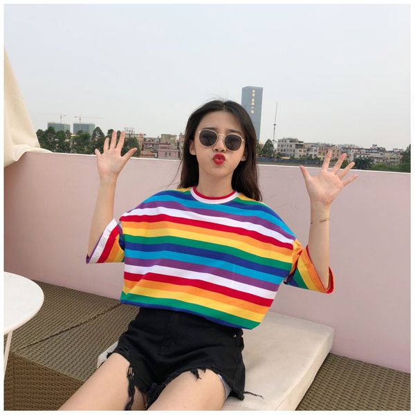 women designer mid sleeve shirt female rainbow stripes casual luxury youthful tshirt girl loose comfortable t-shirts fashion tees wholesale, White
women designer mid sleeve shirt female rainbow stripes casual luxury youthful tshirt girl loose comfortable t-shirts fashion tees wholesale, White