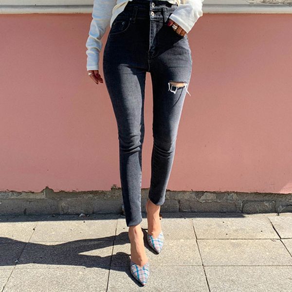 2019 winter two buttons women ripped trousers high waist slim pencil jeans female denim jeans stretch long pants, Blue
2019 winter two buttons women ripped trousers high waist slim pencil jeans female denim jeans stretch long pants, Blue