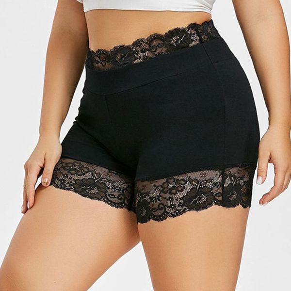 women plus size high waist boxer shorts seamless scalloped floral lace splicing safety pants solid color elastic underpant -6xl, White;black 
women plus size high waist boxer shorts seamless scalloped floral lace splicing safety pants solid color elastic underpant -6xl, White;black