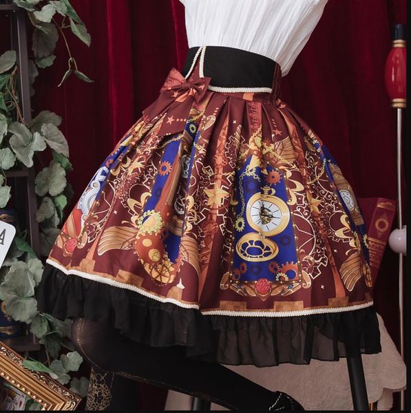 

japan style sweet lolita skirt retro printing lace bowknot victorian skirt kawaii girl gothic lolita sk princess loli cos, Black;red