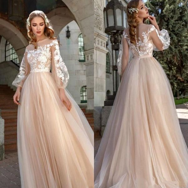 nude tulle with white lace wedding dress long puffy sleeves sheer neck illusion bodice a line champagne bridal gowns custom size
nude tulle with white lace wedding dress long puffy sleeves sheer neck illusion bodice a line champagne bridal gowns custom size