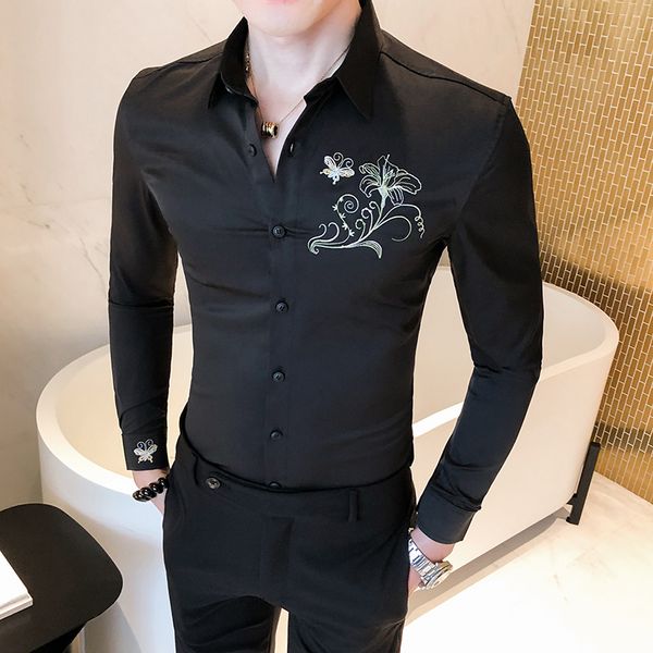 men dress shirt floral embroidery shirt men long sleeve streetwear slim fit casual blouse clothes 2020, White;black
men dress shirt floral embroidery shirt men long sleeve streetwear slim fit casual blouse clothes 2020, White;black
