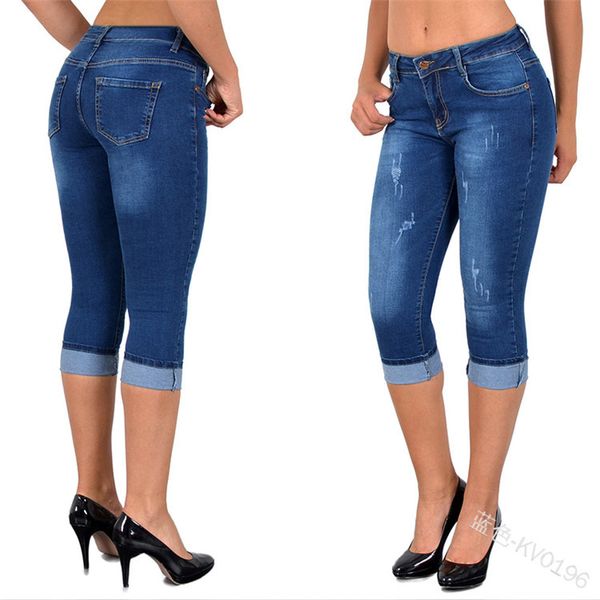 

februaryfrost женщины эластичные короткие джинсовые шорты брюки леггинсы вязание крючком узкие стрейч джинсы капри брюки плюс размер s-5xl, Blue