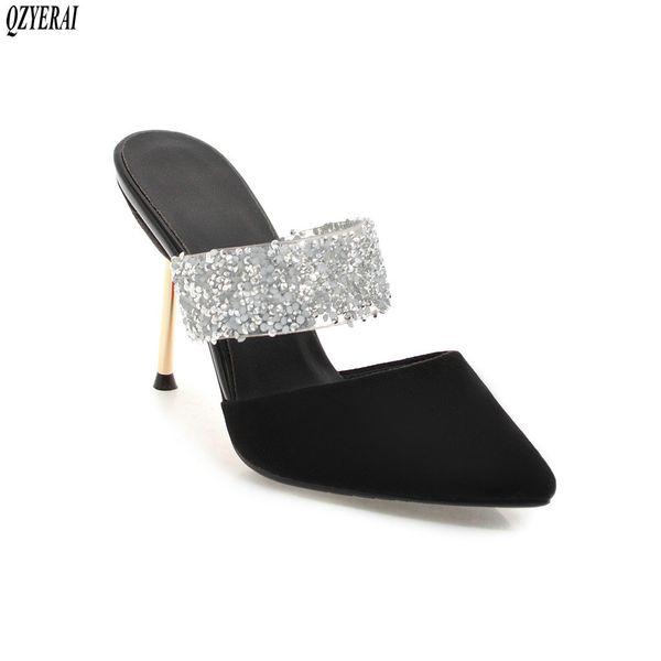 spring summer new genuine leather women's slippers 9cm metal heel slippers aquamarine glitter party shoes size 34-43, Black
spring summer new genuine leather women's slippers 9cm metal heel slippers aquamarine glitter party shoes size 34-43, Black