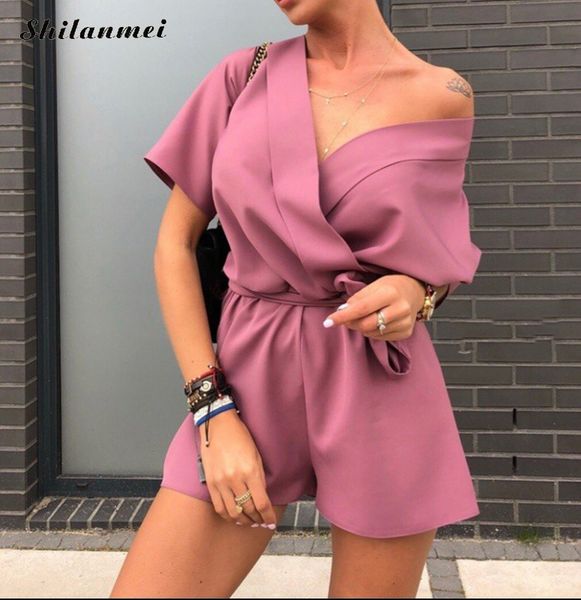 

women's fashion summer romper 2019 short loose jumpsuits cross v neck rompers ladies casual belted solid playsuits pink, Black;white