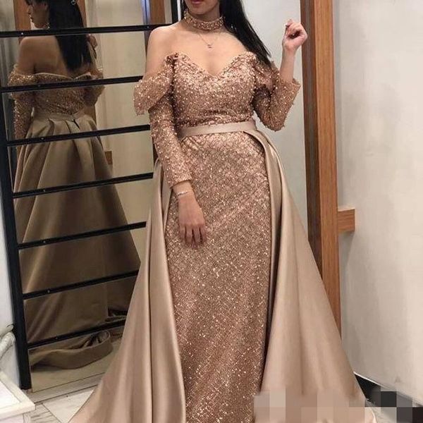 luxury rose gold prom dresses overskirts satin sequins long sleeves elegant off the shoulder detachable train evening formal party gowns, Black
luxury rose gold prom dresses overskirts satin sequins long sleeves elegant off the shoulder detachable train evening formal party gowns, Black