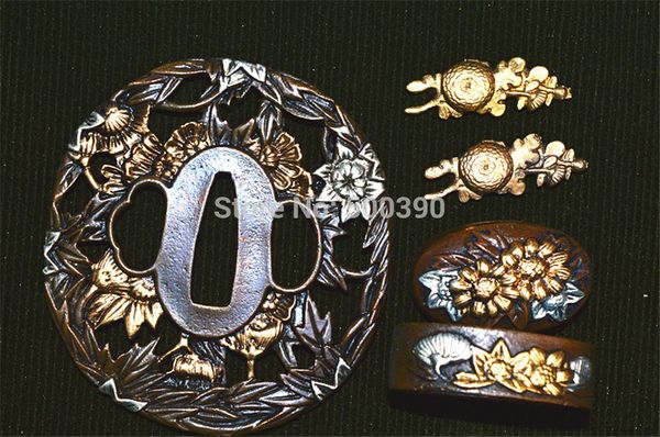 a set japanese samurai sword fitting katana tsuba flower theme guard sword accessories
a set japanese samurai sword fitting katana tsuba flower theme guard sword accessories