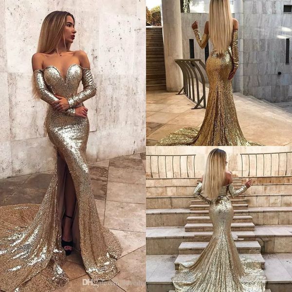 2019 mermaid prom dresses off the shoulder high side split sweep train long sleeve sequined evening dress custom made formal party gowns, Black
2019 mermaid prom dresses off the shoulder high side split sweep train long sleeve sequined evening dress custom made formal party gowns, Black