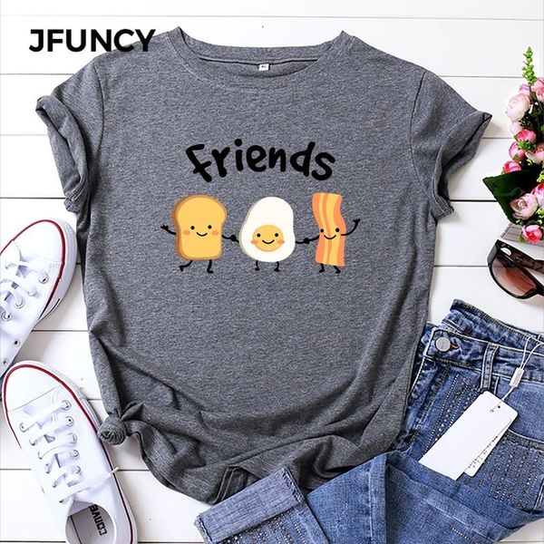 jfuncy 2020 новый женщины хлопок футболка лето с коротким рукавом футболки лучшие друзья cartoon printed женский tee плюс размер женщина top, White 
jfuncy 2020 новый женщины хлопок футболка лето с коротким рукавом футболки лучшие друзья cartoon printed женский tee плюс размер женщина top, White