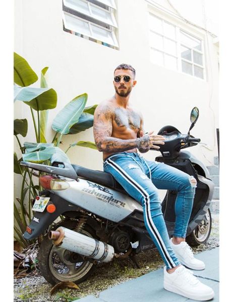 summer men's patchwork side stripe broken hole hip hop pencil pants pure color moto & biker jogger the streets of trousers, Blue
summer men's patchwork side stripe broken hole hip hop pencil pants pure color moto & biker jogger the streets of trousers, Blue