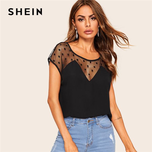 

shein black polka dot mesh insert sheer blouse women summer 2019 o-neck cap sleeve casual high street and blouses, White