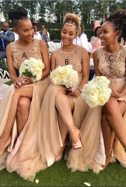 black girl african champagne tulle bridesmaid dresses different style same color beaded bling prom dresses front split wedding 2020, White;pink
black girl african champagne tulle bridesmaid dresses different style same color beaded bling prom dresses front split wedding 2020, White;pink