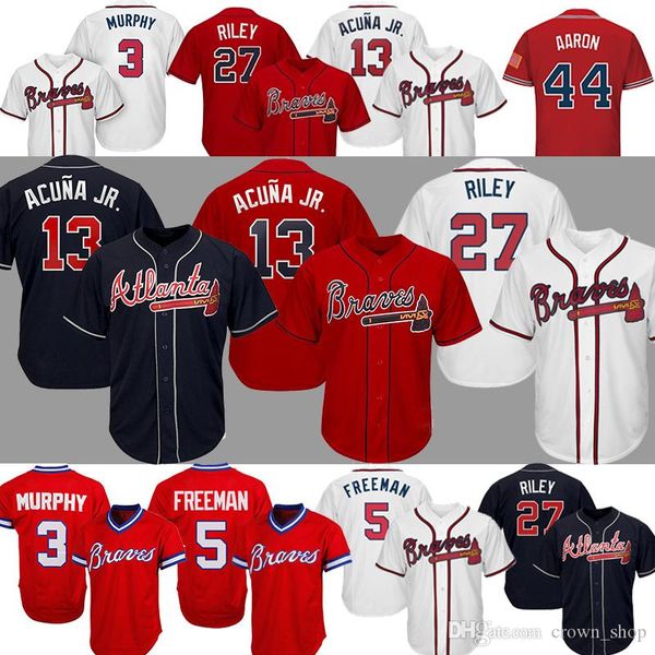 

atlanta 13 ronald acuna jr braves jerseys 27 austin riley 10 chipper jones 3 dale murphy freddie an hank aaron baseball jerseys, Blue;black