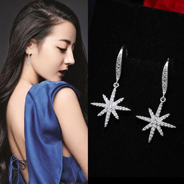 

s925 стерлингового серебра серьги женская звезда мода корейский темперамент ми характер микро инкрустация earhook и звезда серьги подарок, Golden;silver