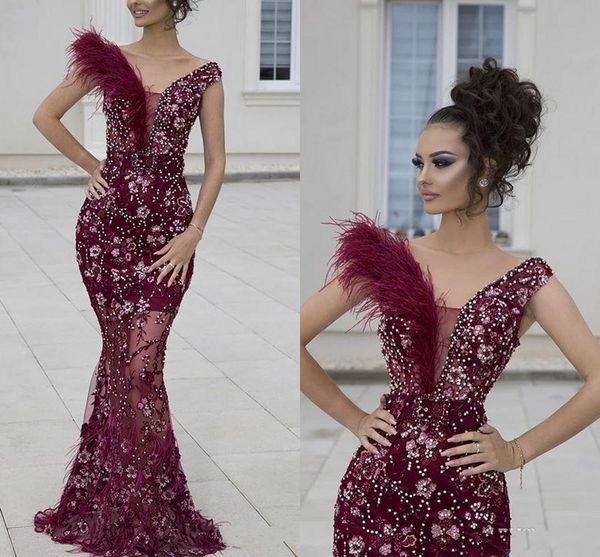 new burgundy mermaid prom dresses off shoulder v neck lace appliques crystal beaded feather sweep train sheer party evening party gowns, Black
new burgundy mermaid prom dresses off shoulder v neck lace appliques crystal beaded feather sweep train sheer party evening party gowns, Black