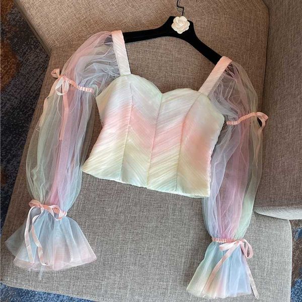 high street 2020 fashion designer blouse women's square collar gauze patchwork crop blouse top, White
high street 2020 fashion designer blouse women's square collar gauze patchwork crop blouse top, White