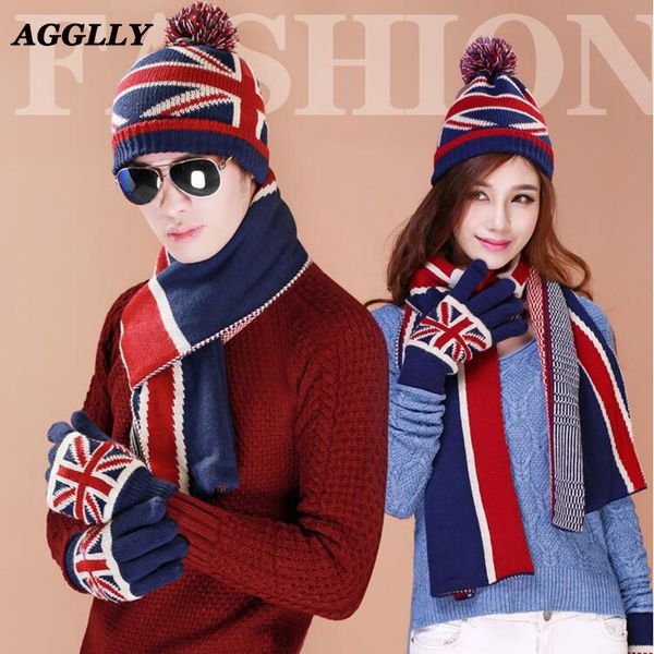 

2018 winter man women color patchwork caps knitted wool warm england rice word star scarf thick windproof scarf hat glove sets, Blue;gray