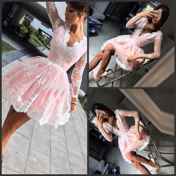 2019 new v-neck pink short homecoming dresses lace illusion long sleeves prom dress short appliques tulle knee length cocktail party gowns, Blue;pink
2019 new v-neck pink short homecoming dresses lace illusion long sleeves prom dress short appliques tulle knee length cocktail party gowns, Blue;pink