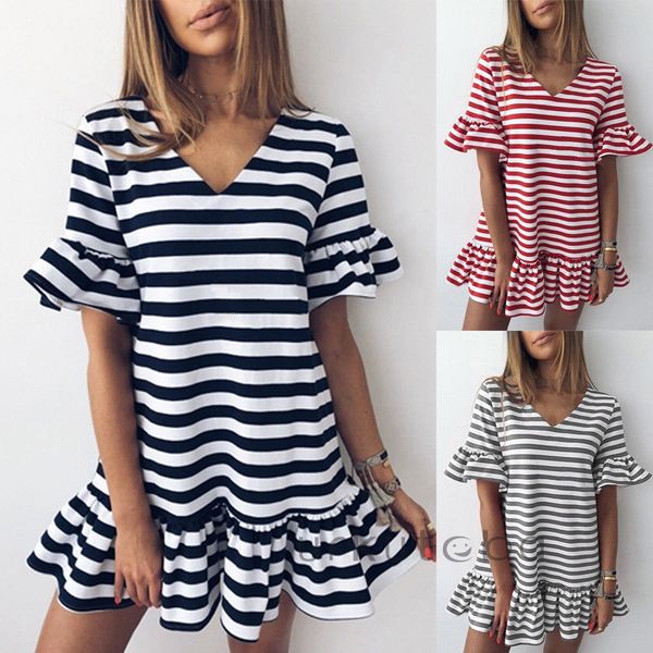 women summer v neck striped flare sleeve dress casual short mini dresses casual women clothes, Black;gray
women summer v neck striped flare sleeve dress casual short mini dresses casual women clothes, Black;gray