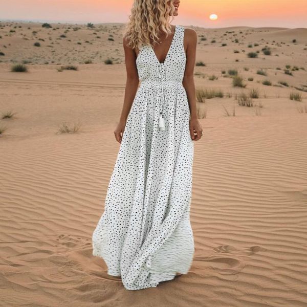 women summer white dress sleeveless dot print tassels deep v neck long beach maxi dress women dresses woman party night 2019, Black;gray
women summer white dress sleeveless dot print tassels deep v neck long beach maxi dress women dresses woman party night 2019, Black;gray