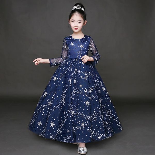 little girl princess dress long-sleeved catwalk shows children costumes big child host girls long evening dress, White;blue
little girl princess dress long-sleeved catwalk shows children costumes big child host girls long evening dress, White;blue