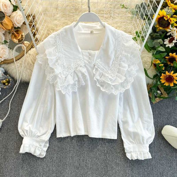 chic korean fashion contrast lace peter pan collar women long sleeve loose thin all shirt solid color elegant blouse, White
chic korean fashion contrast lace peter pan collar women long sleeve loose thin all shirt solid color elegant blouse, White