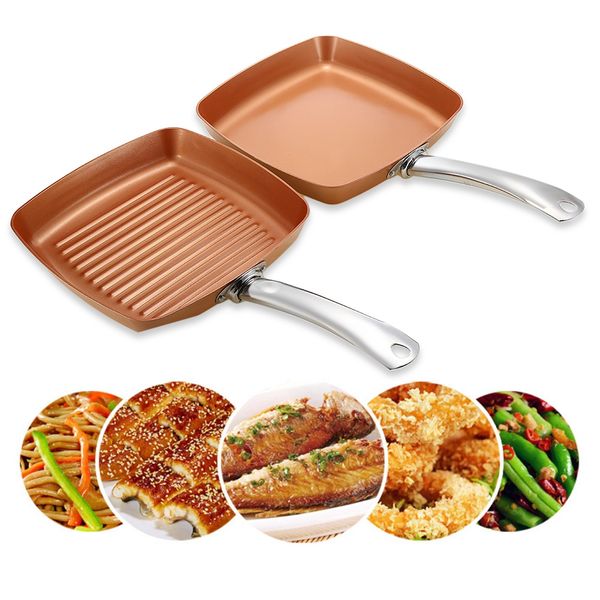 2pcs non-stick copper frying pans square griddles skillets with ceramic coating