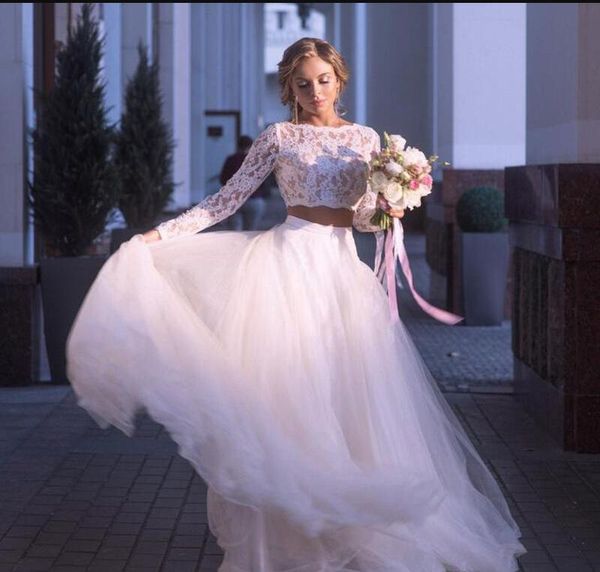 2019 new beach wedding dresses crew neck long sleeves lace bride gown two pieces princess boho long sleeve with tulle bridal gowns, White
2019 new beach wedding dresses crew neck long sleeves lace bride gown two pieces princess boho long sleeve with tulle bridal gowns, White