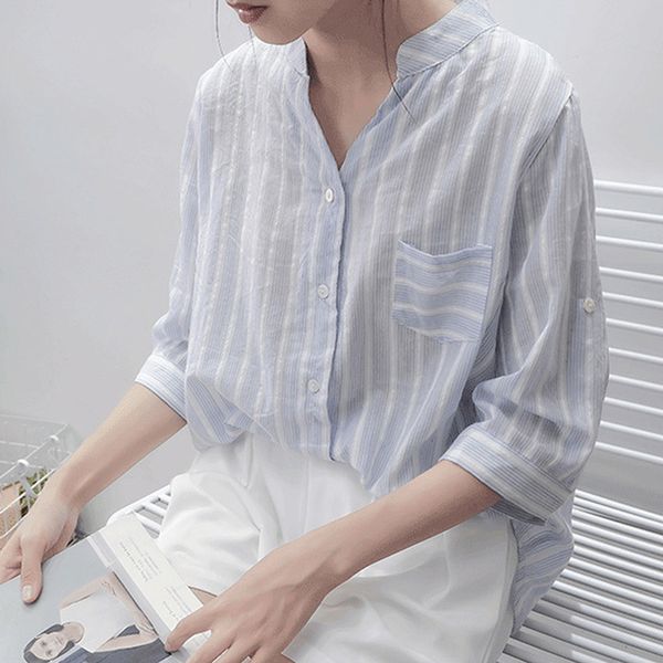 new shirt womens striped stand neck blouses loose baggy cotton linen button pocket shirts spring autumn for female, White
new shirt womens striped stand neck blouses loose baggy cotton linen button pocket shirts spring autumn for female, White