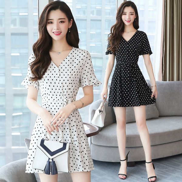women's summer 2019 high-waist short-sleeved v-neck mini dresses black and white dot printed chiffon dresses sashes, Black;gray
women's summer 2019 high-waist short-sleeved v-neck mini dresses black and white dot printed chiffon dresses sashes, Black;gray
