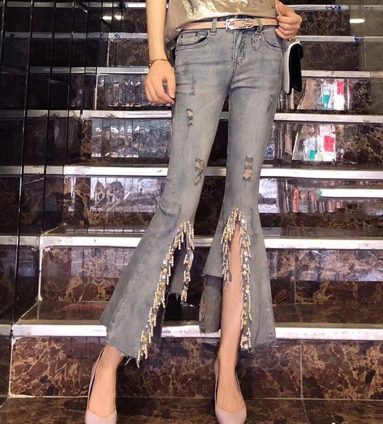 2019 summer spring women ripped hole beading rhinestone irregular tassel spilt flare jeans pants fall woman slim denim trousers, Blue
2019 summer spring women ripped hole beading rhinestone irregular tassel spilt flare jeans pants fall woman slim denim trousers, Blue