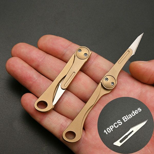 Outdoor Edc Brass Mini Keychain Pocket Folding Knife Utility Knife Surgical Knife With 10 Pcs #11 Replaceable Blades