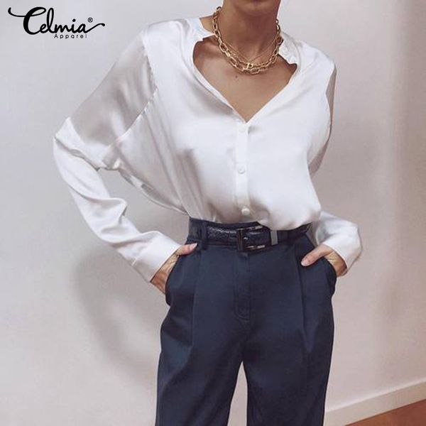 2019 celmia women and blouses long batwing sleeve work fashion shirts buttons solid casual blusas femininas plus size, White
2019 celmia women and blouses long batwing sleeve work fashion shirts buttons solid casual blusas femininas plus size, White