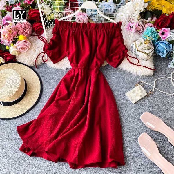 ly varey lin new summer casual slash neck off shoulder dress solid slim short sleeve high waist knee-length dress, Black;gray
ly varey lin new summer casual slash neck off shoulder dress solid slim short sleeve high waist knee-length dress, Black;gray
