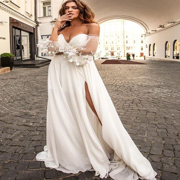 designer boho floral wedding dresses off the shoulder chiffon beach wedding dress with slits zipper 2020 bridal dress robes de mariée, White
designer boho floral wedding dresses off the shoulder chiffon beach wedding dress with slits zipper 2020 bridal dress robes de mariée, White