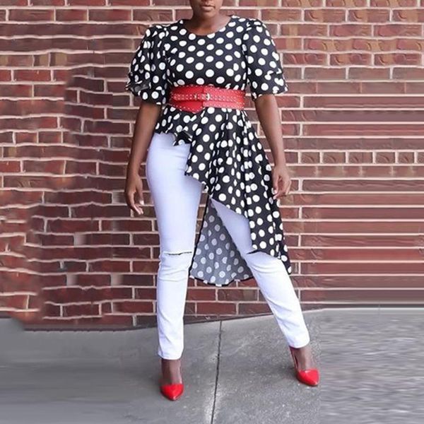 women summer asymmetrical vintage black polka dot print short sleeve high waist peplum ruffles irregular blouse shirts, White
women summer asymmetrical vintage black polka dot print short sleeve high waist peplum ruffles irregular blouse shirts, White
