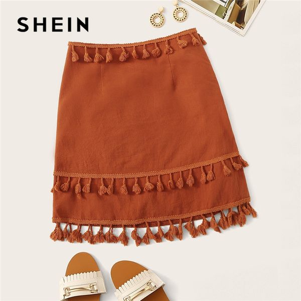 

shein orange layered tassel a-line lolita highstreet mini skirt women 2019 spring boho casual solid sheath high waist skirt, Black