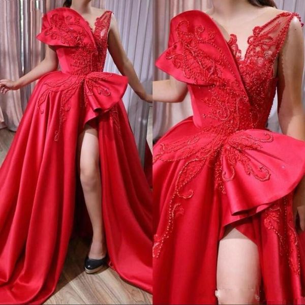 2020 new arrival fashion red prom dresses sheer scoop neck satin embroidery appliqued beads high split peplum party plus size evening gowns, Black
2020 new arrival fashion red prom dresses sheer scoop neck satin embroidery appliqued beads high split peplum party plus size evening gowns, Black
