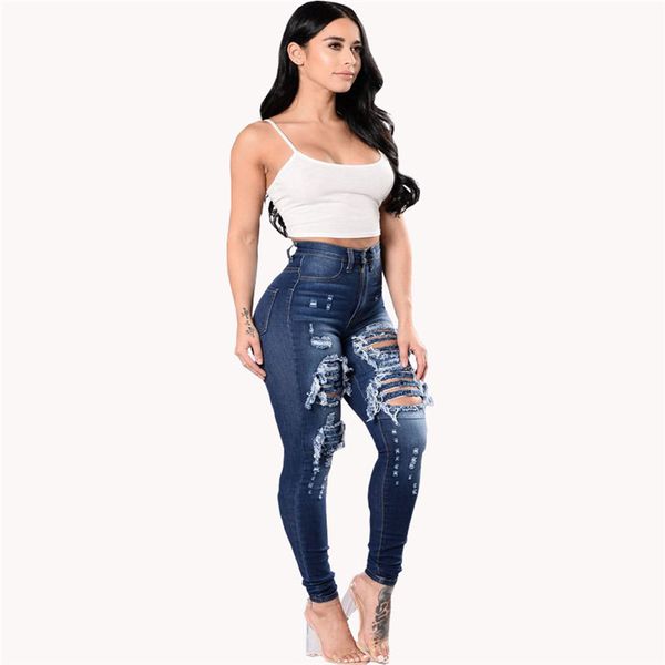 womens designer jeans fashion holes dark blue denim pencil pants high street hiphop womens casual jeans