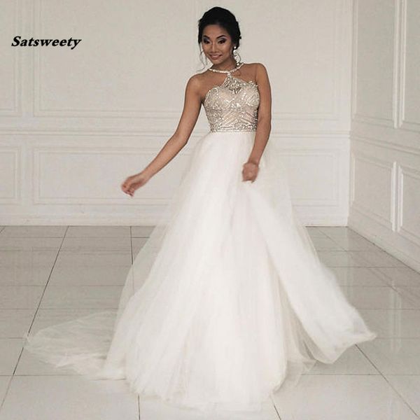 dubai beach crystal beaded wedding dresses real image halter a-line tulle bridal gowns with side split robe de mariee, White
dubai beach crystal beaded wedding dresses real image halter a-line tulle bridal gowns with side split robe de mariee, White