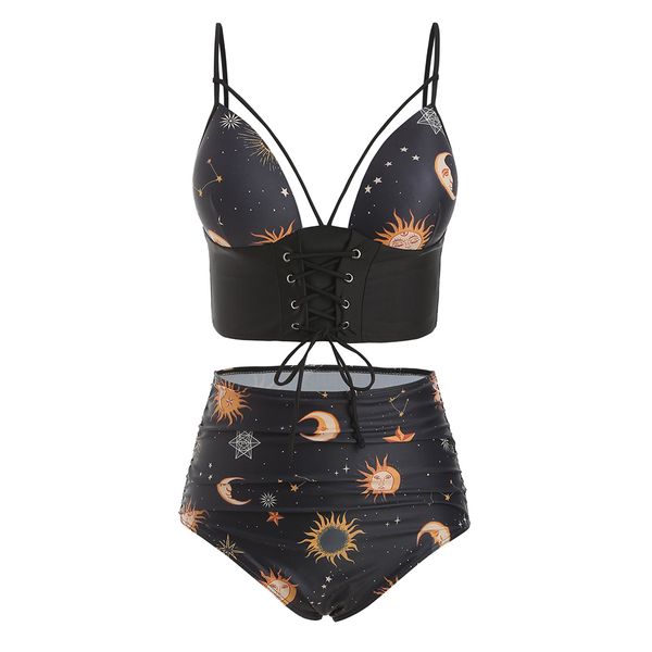 high waist lace up ruched sun star and moon tankini set spaghetti straps padded swimsuit front tied swimwear for women, White;black
high waist lace up ruched sun star and moon tankini set spaghetti straps padded swimsuit front tied swimwear for women, White;black