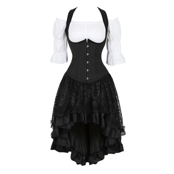 gothic three-piece corset dress striped underbust corset vest renaissance blouse asymmentrical lace skirt skirt set, Black;white
gothic three-piece corset dress striped underbust corset vest renaissance blouse asymmentrical lace skirt skirt set, Black;white