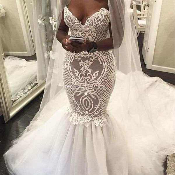 2019 vintage mermaid wedding dresses plus size african lace appliqued tulle sweep train bridal gowns sweetheart boho vestido de novia, White
2019 vintage mermaid wedding dresses plus size african lace appliqued tulle sweep train bridal gowns sweetheart boho vestido de novia, White