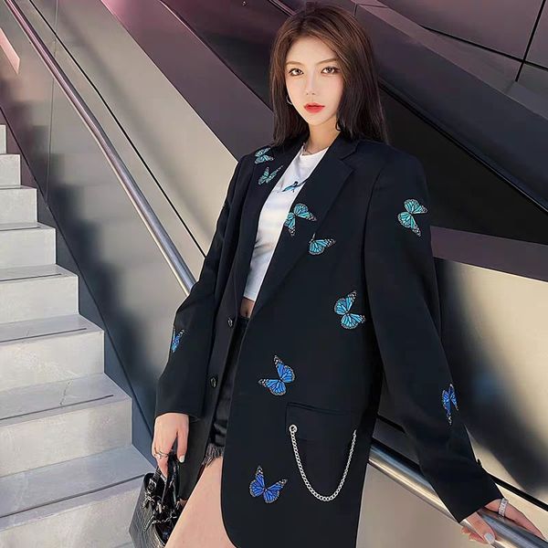 women's jackets fashion blue butterfly female chain decorative embroidery mid-length suit jacket, Black;brown
women's jackets fashion blue butterfly female chain decorative embroidery mid-length suit jacket, Black;brown